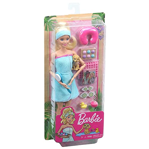 Barbie Spa Doll, Blonde, with Puppy and 9 Accessories, Including Neck Pillow, Rubber Duck and Cucumber Eye Masks, Gift for Kids 3 to 7 Years Old