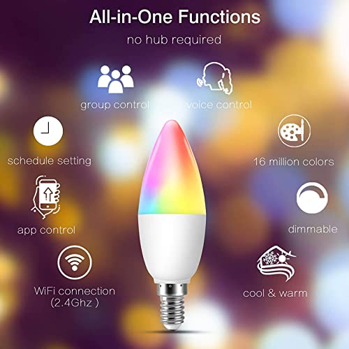 Boxlood E14 Smart Candle Bulb Dimmable RGB Cool White & Warm White, Compatible with Alexa & Google Home, Smart Life Wi-Fi LED Bulb, iOS Android Remote Control, 5W, No Hub Required, 4 Pack