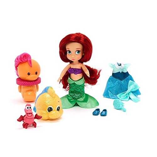 Disney Store Official Animators' Collection Ariel Mini Doll Playset, Little Mermaid, 8 Pc, 21cm/8”, Includes Ariel, Seahorse, Flounder, Sebastian, Dress, Hairbrush and Shoes, Suitable for Ages 3+