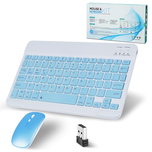 Bluetooth Keyboard, Wireless Keyboard and Mouse 2.4 USB Rechargeable Lightweight 10IN Universal Quiet Portable Mini Keyboard and Mouse set for iPad, iOS, Mac, Windows, Android Tablet Laptop-Blue