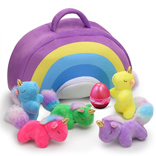 Unicorn Stuffed Plush Soft Animals Toys for Girls and Boys with Rainbow Bag Cute Animal Baby Toy Set for Kids age 4-8 with Surprise Egg Travel Size Christmas