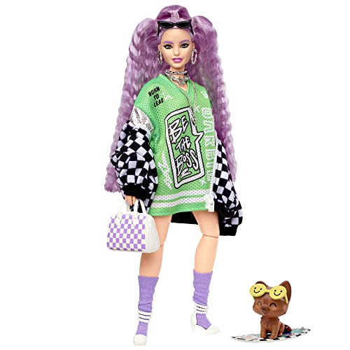 Barbie Dolls and Accessories, Barbie Extra Doll with Crimped Lavender Hair and Pet Puppy, Checkered Jacket, Toys and Gifts for Kids, HHN10