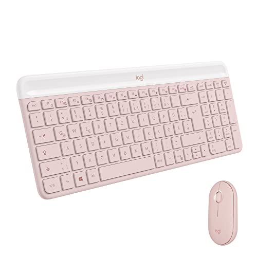 Logitech MK470 Slim Combo Wireless Keyboard and Mouse Set - Modern, Compact Layout, Extremely Quiet, 2.4 GHz USB Receiver, Plug-n'Play Connectivity - French AZERTY Layout - Rose