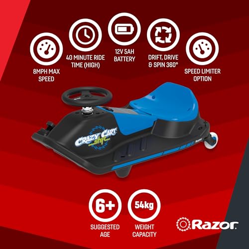 Razor Crazy Cart Shift - Electric Go Kart for Kids 6+ with 360° Auto Drift Steering, 8 mph Max Speed, Low Speed Setting & 40 Minute Ride Time, 5 Mile Range, Ride On with 12V 5Ah Battery - Black & Blue