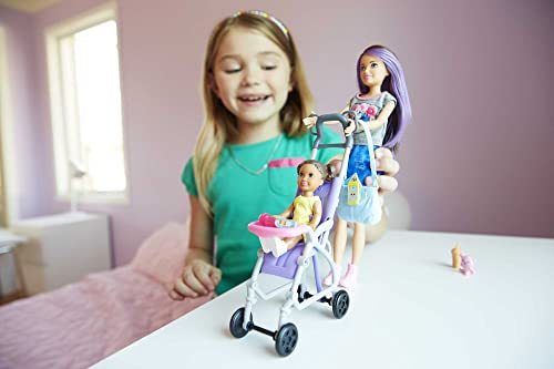 Barbie Skipper Babysitters Doll Playset, Brunette Skipper Doll with Brown Baby Doll, Baby Stroller and Doll Accessories, Toys for Ages 3 and Up, Two Dolls, FJB00