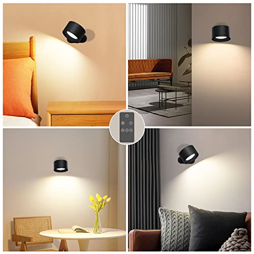 Coollamp Battery Wall Light, Indoor Wall Lamp with Remote/Touch Control, Rechargeable Battery, 3 Color Modes, 3 Dimmings, 360 ° Rotate, LED Wall Sconce for Reading Bedroom Living Room-Black 1PC