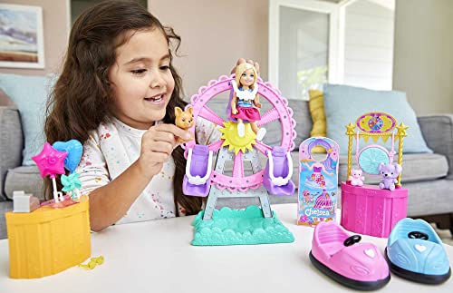 Barbie Club Chelsea Doll and Carnival Playset, 6-Inch Doll, Fashion and Accessories, Ferris Wheel, Bumper Cars, Puppy,Gift for 3 to 7 Year Olds, GHV82