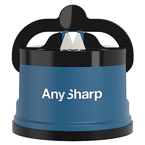 AnySharp Knife Sharpener, Hands-Free Safety, PowerGrip Suction, Safely Sharpens All Kitchen Knives, Ideal for Hardened Steel & Serrated, World's Best, Compact, One Size, Blue