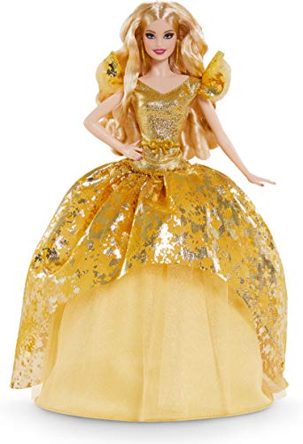 Barbie Signature 2020 Holiday Doll (12-inch Blonde Long Hair) in Golden Gown, with Doll Stand and Certificate of Authenticity, Gift for 6 Year Olds and Up