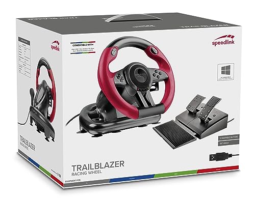 Speedlink TRAILBLAZER Racing Wheel - Gaming steering wheel for PS3/PS4, Xbox Series X/S/One, Nintendo Switch and PC, shift paddles and gear stick, adjustable pedals, black-red