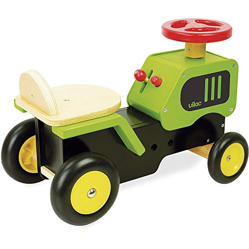 Vilac Wooden Ride on Tractor with Sound Effects, Develops Balance, Motor Skills, Dexterity, Imaginative Play, 18 Months+, 47 x 23 x 31 cm, Green