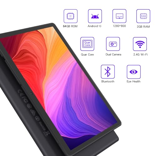 PRITOM Android WiFi Tablet Android 10, 64GB ROM, Expandable to 512GB, Quad Core Processor, HD IPS Screen, 5000mAh Battery, Dual Camera, Bluetooth, Tablet (Black)