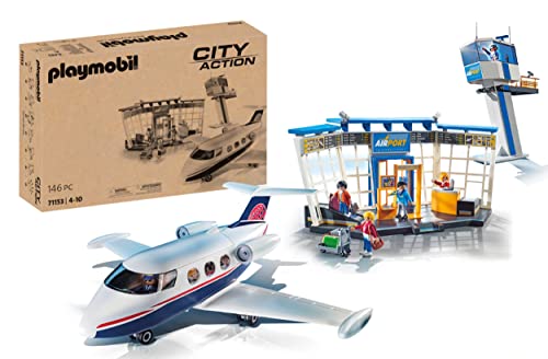 Playmobil City Action 71153 Airport with Airplane and Control Tower, With Environmentally Friendly 2-in-1 Reversible Cardboard Packaging, Plane Toy for 4+ Year Olds