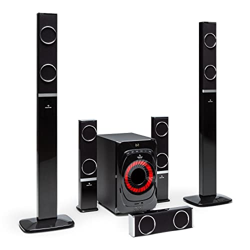 auna Areal 825 5.1 sound system - 5.1 home cinema system with 200 watts RMS power, 8" home cinema subwoofer + 5 speakers, Bluetooth, USB, SD, AUX, incl. remote control, Black