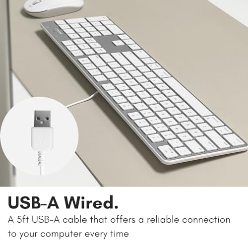 Macally Ultra-Slim USB Wired Keyboard with Number Keypad for Apple Mac Pro, MacBook Pro/Air, iMac, Mac Mini, Laptop Computers, Windows Desktop PC Laptops, Silver (SLIMKEYPROA)