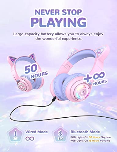 iClever Bluetooth Kids Headphones, BTH13 Cat Ear LED Light Up Wireless 50H Playtime, 74/85/94dB Volume Limiting Children Headphones with Microphone Over for School/Tablet/PC