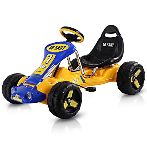 COSTWAY Kids Go Kart, Quad Style Ride On Racer with Adjustable Seat & Non-Slip Wheels, Children Pedal Go-karts for Boys and Girls (Yellow)