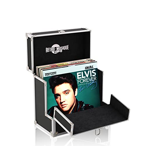 Retro musique Aluminium 12" Vinyl Record Storage Case with Unique Folding Front Flap for Better Access to Your LPs,Holds up to 40 LPs,(in PVC Sleeves) Includes 40 Vinyl Record Outer Sleeves(Black)