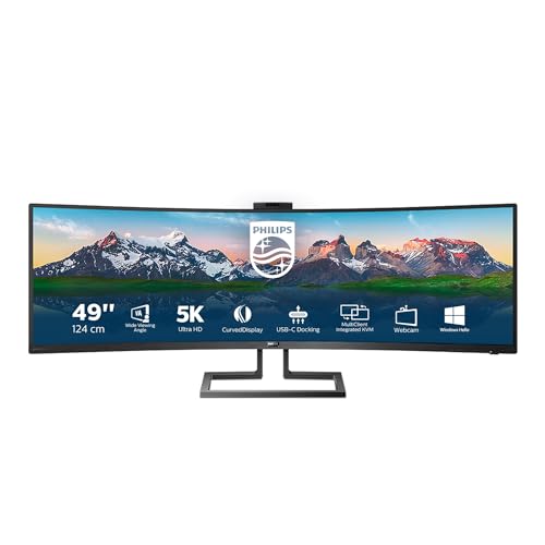 Philips 499P9H- 49 Inch Curved Dual QHD Monitor, 70Hz, 5ms, VA, WebCam, Speakers, USB-C Dock, KVM, Height Adjust (5120 x 1440, 450 cd/m², HDMI/DP 1.4/USB 3.1 / USB-C)