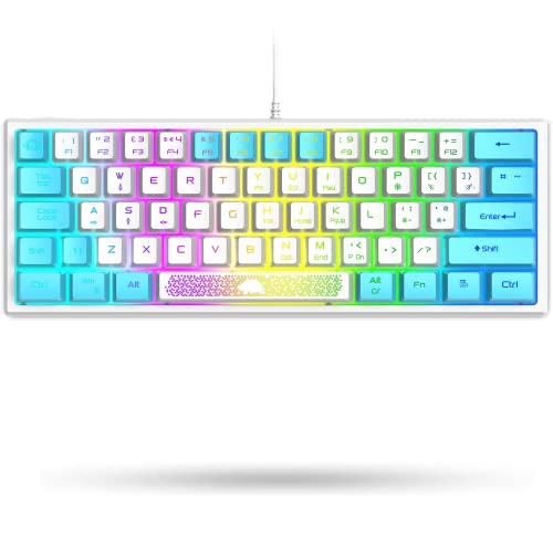 K61 UK Layout 60% Gaming Keyboard Wired 61 Keys RGB LED Backlit 7 Lighting Effects Waterproof Keyboard Mechanical Feeling 19 keys Anti Ghosting for Laptop MAC ps4- White and Blue Mixed-Colored Keycaps