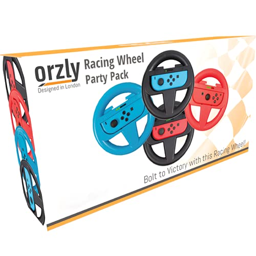 Orzly Steering Wheels for Nintendo Switch & OLED Console - Party Pack (4 Wheels), Steering Wheel Joycon Controller Attachments for Mariokart Switch (2x Black Wheels, 1 x Blue Wheel, 1 x Red Wheel)