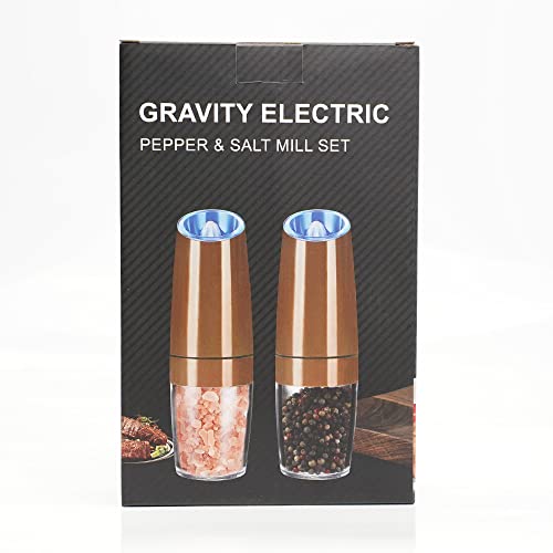 sdlogal Salt and Pepper Mill Electric (Copper, 2 Pieces), Gravity Automatic Operation Spice Mills with LED Light, Adjustable Coarse Mechanism, Battery Operated, Salt Mill for Home, Kitchen