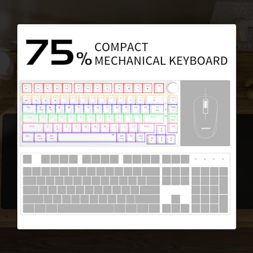 NEWMEN GM326 Wired Gaming Keyboard,75% Percent TKL Hot Swappable Compact LED Backlit USB C Mechanical Gaming Keyboard with Knob for PC Windows Mac,QWERTY Layout,White,Red Switches