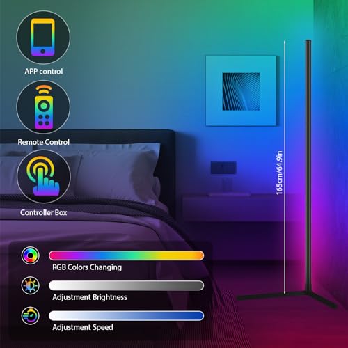 Corner Floor Lamp, 165cm Smart RGB LED Floor Lamp with App Remote Control, Music Sync, DIY Mode, Timer, 16 Million Colour Changing Standing Lamp, Dimmable Modern Mood Lighting for Living Room, Bedroom