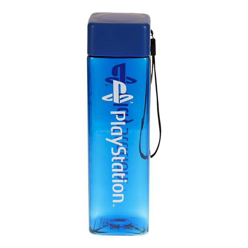 Paladone Playstation Square Travel Plastic Water Bottle With Wrist Strap Playstation Gifts 500Ml (17 Fl Oz), Black