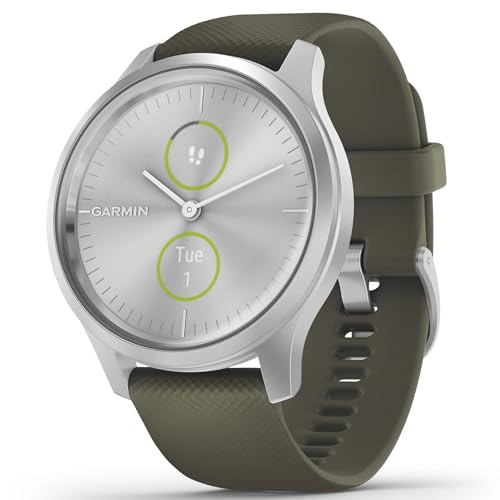 Garmin vívomove Trend, Stylish Hybrid Smartwatch with Health and Fitness functions, Real Watch Hands, Hidden Colour Touchscreen Display and up to 5 days battery life, Silver and Moss