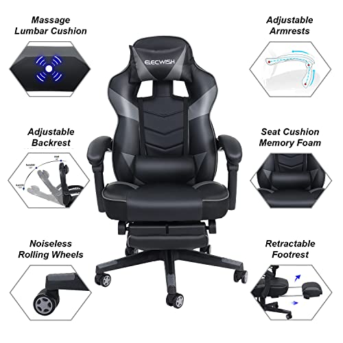 YOURLITEAMZ Racing Gaming Chair with Massage, Office Ergonomic Computer Desk Chair with Padded Footrest Support, Swivel High Back Recliner, High-Adjustable Cushion, PU Leather for Home Office（Grey）