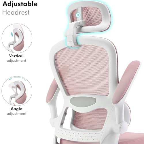 Bliswood Office Chair With Headrest, High Back Ergonomic Mesh Chair With 90° Flip-up Arm Swivel Computer Chair, Adjustable Height 360° Rotation Gaming Chair For Home Office (Pink)