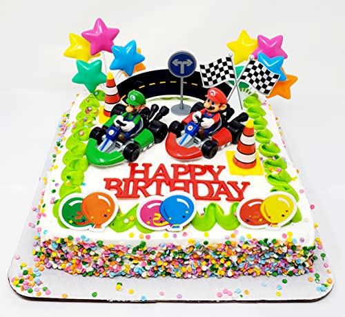 Go-Kart Racing MARIO KART 12 Piece Birthday CAKE Topper Set Featuring Mario and Luigi, Themed Decorative Accessories, Figures Average 2" Tall