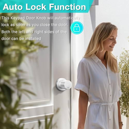 FITNATE Keypad Door Knob, Touch-Screen Digital Door Lock for Keyless Entry, Electronic Door Lock with Spare Keys, Easy to Operate and Install,15 User Passcode for Bedroom, Home and Office,Silver