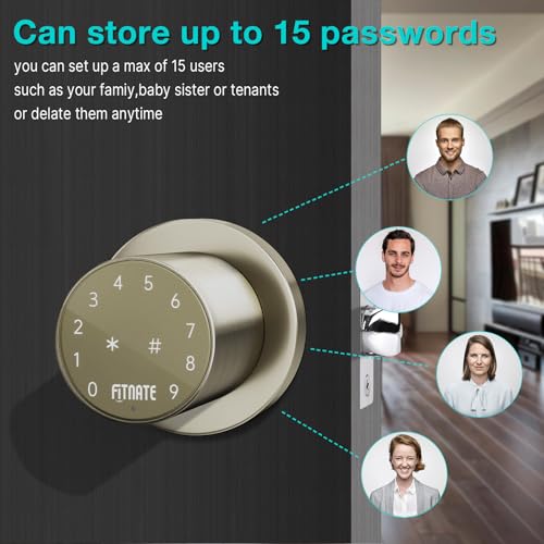 FITNATE Keypad Door Knob, Touch-Screen Digital Door Lock for Keyless Entry, Electronic Door Lock with Spare Keys, Easy to Operate and Install,15 User Passcode for Bedroom, Home and Office,Golden