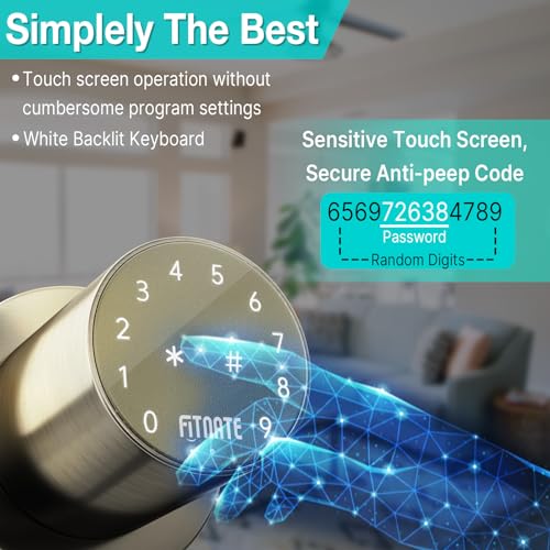 FITNATE Keypad Door Knob, Touch-Screen Digital Door Lock for Keyless Entry, Electronic Door Lock with Spare Keys, Easy to Operate and Install,15 User Passcode for Bedroom, Home and Office,Golden