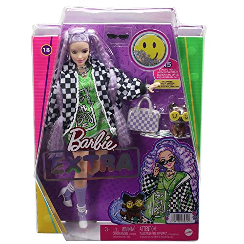 Barbie Dolls and Accessories, Barbie Extra Doll with Crimped Lavender Hair and Pet Puppy, Checkered Jacket, Toys and Gifts for Kids, HHN10