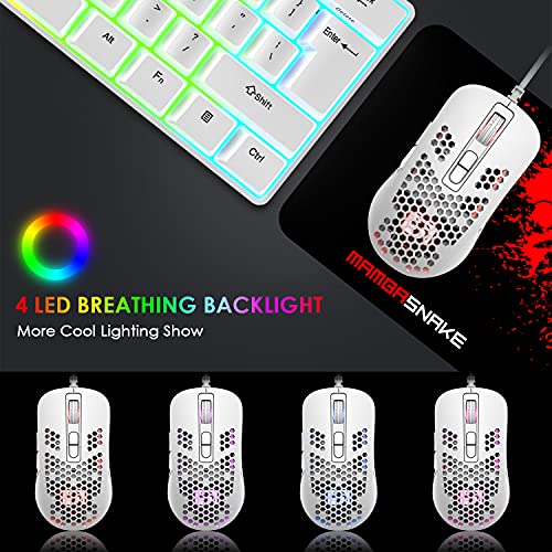 KUIYN 383 Ultralight Wired Gaming Mouse, Lightweight Honeycomb Shell, 4 RGB Breathing Backlit Mice, 4 Adjustable DPI 2400, USB Optical Computer Mice for Win10/XP/Xbox/PS4/PS5/Mac/Air/HP/Acer (White)