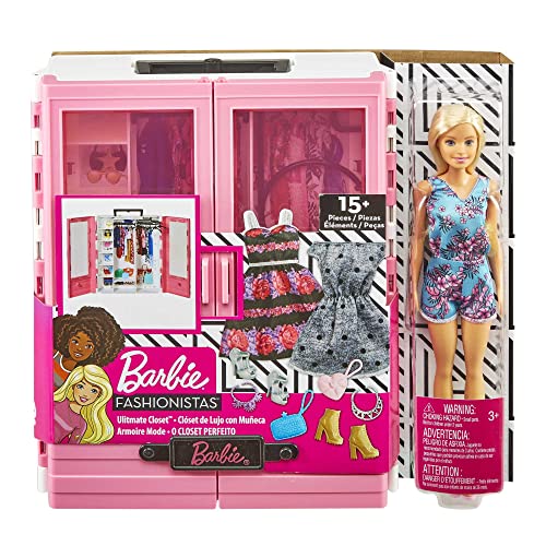 Barbie Fashionistas Ultimate Closet Portable Fashion Toy with Doll, Clothing, Accessories and Hangars, Gift for 3 to 8 Year Olds, GBK12