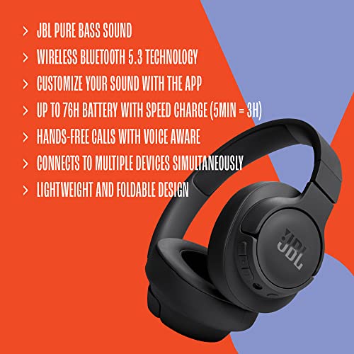 JBL Tune 720BT Wireless On-Ear Headphones, with JBL Pure Bass Sound, Bluetooth 5.3, Hands-Free Calls, Audio Cable and 76-Hour Battery Life, in Black