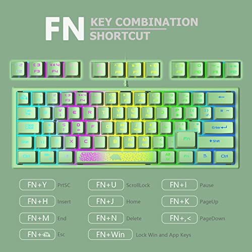 LexonElec K61 pro - [UK Layout] 60% percent Green Keyboard Gaming Mini Cute - RGB Illuminated LED Light up USB Wired Compact - Small Portable Mechanical Feel Aesthetic for PC Laptop MAC ps4 Gamer