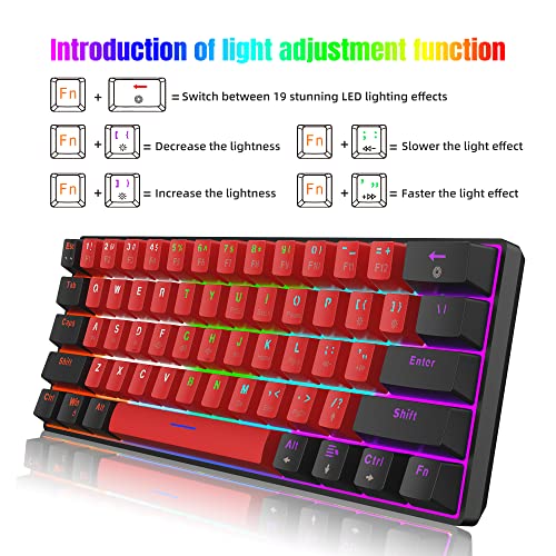 Snpurdiri 60% Wired Mechanical Keyboard, Mini Gaming Keyboard with 61 Red Switches Keys for PC, Windows XP, Win 7, Win 10 (Black-Red, Red Switches)