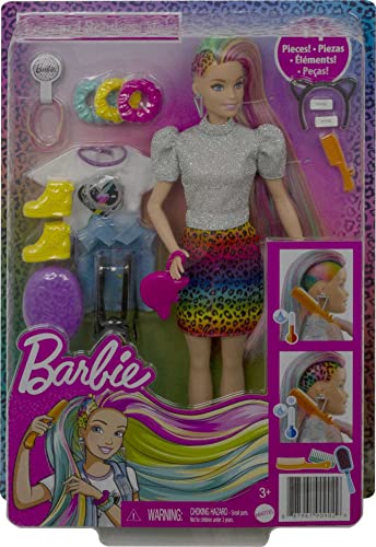 Barbie Leopard Rainbow Hair Doll (Blonde) with Color-change Hair Feature, 16 Hair & Fashion Play Accessories for Kids 3 to 7 Years Old, GRN81