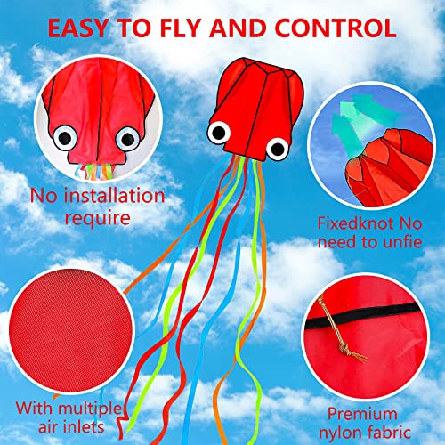 Large Octopus Kites-1 Pcs Rainbow Mollusc Flying Octopus Kite for Kids and Adults,kites for adults Beach and Summer Outdoor Toy with 100 meters Flying Line and Spool, Nylon Kite for Beginners(Orange)