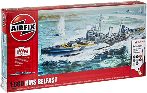 Airfix 1:600 Imperial War Museum HMS Belfast Scale Warship Gift Set - Plastic Model Kits, Model Ship & Boat Building Kits for Adults, Includes: Warship, Humbrol Paints, Brushes and Poly Cement