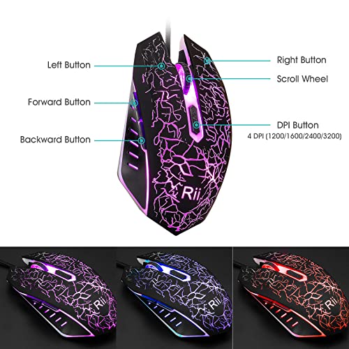 Rii RK108 Gaming Keyboard and Mouse Set,Wired LED Light Up Keyboard Mouse with 3 Colors Backlit (Red/Purple/Blue),Compatible with PC,Laptop,Windows,Gamer,Xbox one,PS4,PS5-UK Layout