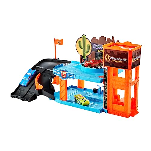 Disney and Pixar Cars Glow Racers Playset & 3 Toy Cars, Copper Canyon Glowing Garage Playset, Glow-in-the-Dark Elements & 1:55 Scale Vehicles, HPX75