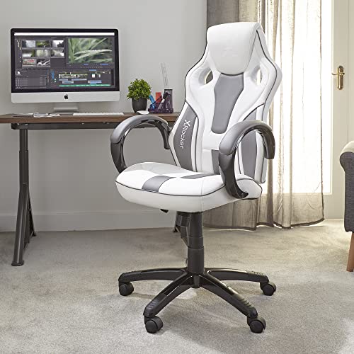 X-Rocker Maverick Gaming Racing Desk Chair, Adjustable Computer Office Chair with Mid-Back Support, PU Leather Height Adjustable Swivel Base Chair with Natural Lumbar Support Curve - White & Grey