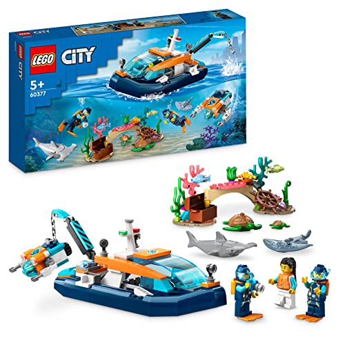 LEGO 60377 City Explorer Diving Boat Toy with Mini-Submarine, Shark, Crab, Turtle Manta Ray and Sea Animal Figures, Underwater Ocean Diving Set, for Kids Aged 5+