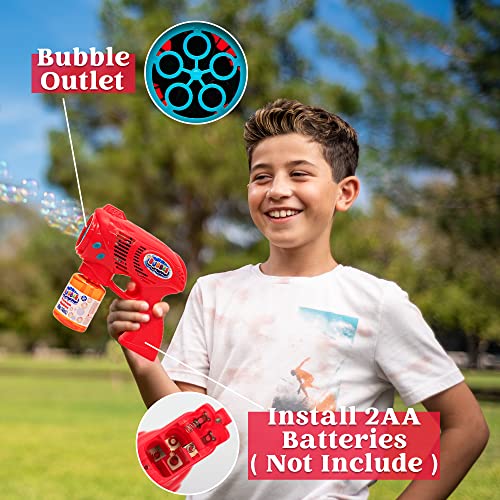 JOYIN 2 Bubble Guns with 2 Bubble Refill Solution (10 oz/294ml Total), Bubbles Maker, Blower, Machine Gun Blaster for Kids, Toddlers, Outdoors Activity, Party Favors, Birthday Gift, Easter (Blue+Red)